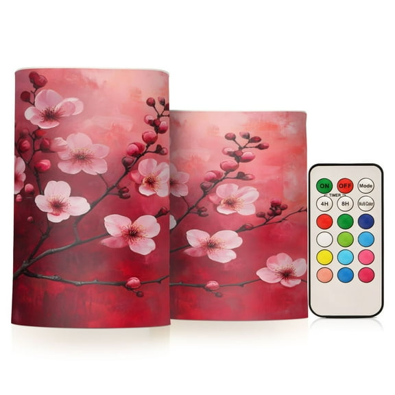 ALAZA Cherry Flowers Blooming Paint 2 PCs LED Flickering Flameless Candles with Remote Timer Battery Operated Candle