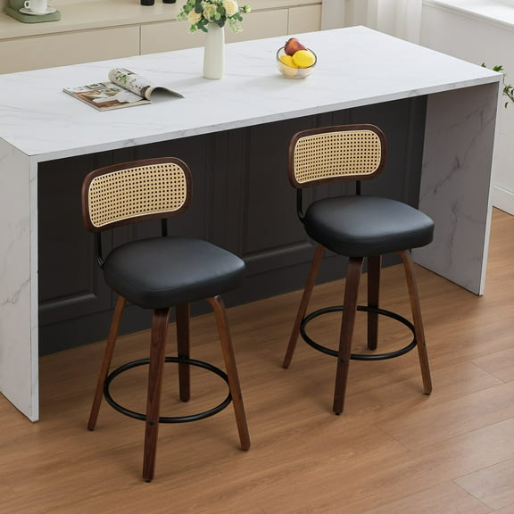Xukmct Pack of 2 Upholstered Seat Bar Stools with Rattan Back, 26 inch Counter Height Barstools for Kitchen Island, Bar, Brown Black
