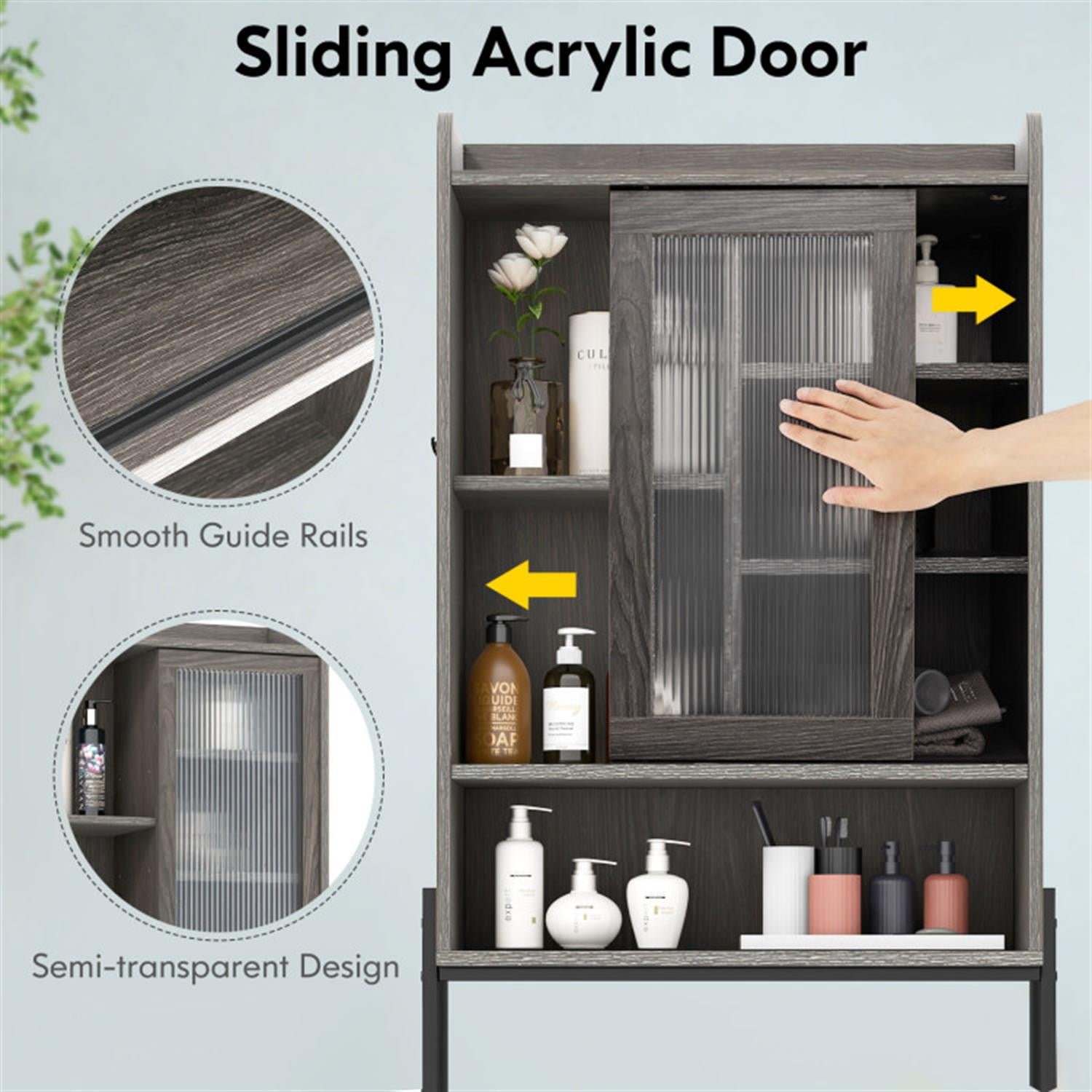 Demi Bonn Over The Toilet Storage Cabinet with Acrylic Doors and Adjustable Shelf, Bathroom Organizer with Metal Stand for Bathroom, Restroom, Laundry, Grey