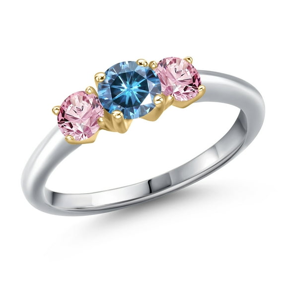 Gem Stone King 10K Two Tone Gold Persian Blue Moissanite and Pink Lab Grown Diamond Engagement Ring for Women | 1.00 Cttw | Round 5MM | Gemstone Birthstone | Size 9