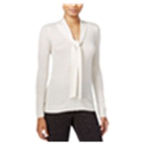 maison Jules Suéter de punto con cuello anudado para mujer, blanco roto, extra pequeño