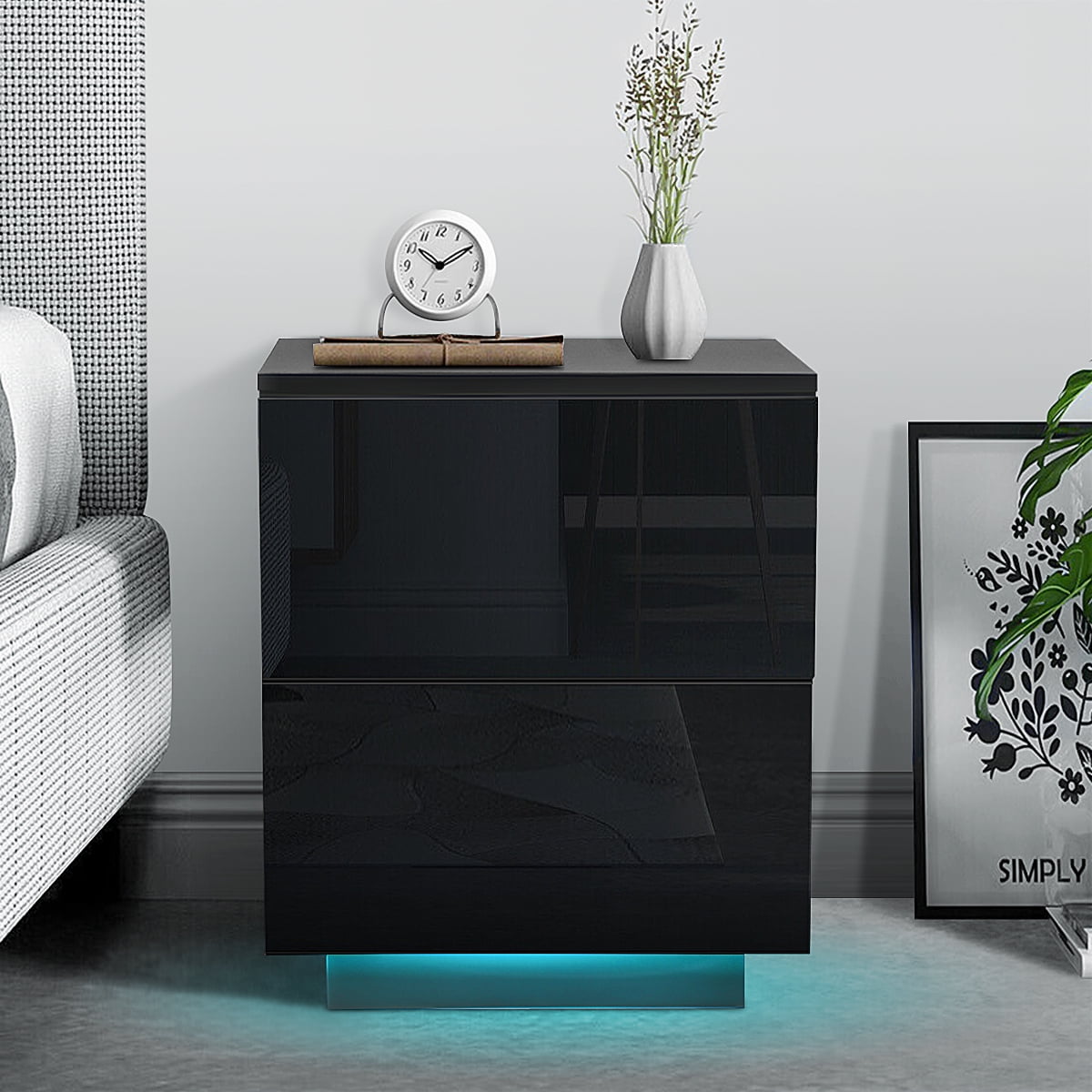 Hommpa 2 Drawers LED Nightstand, UV High Gloss Wooden Night Table for ...