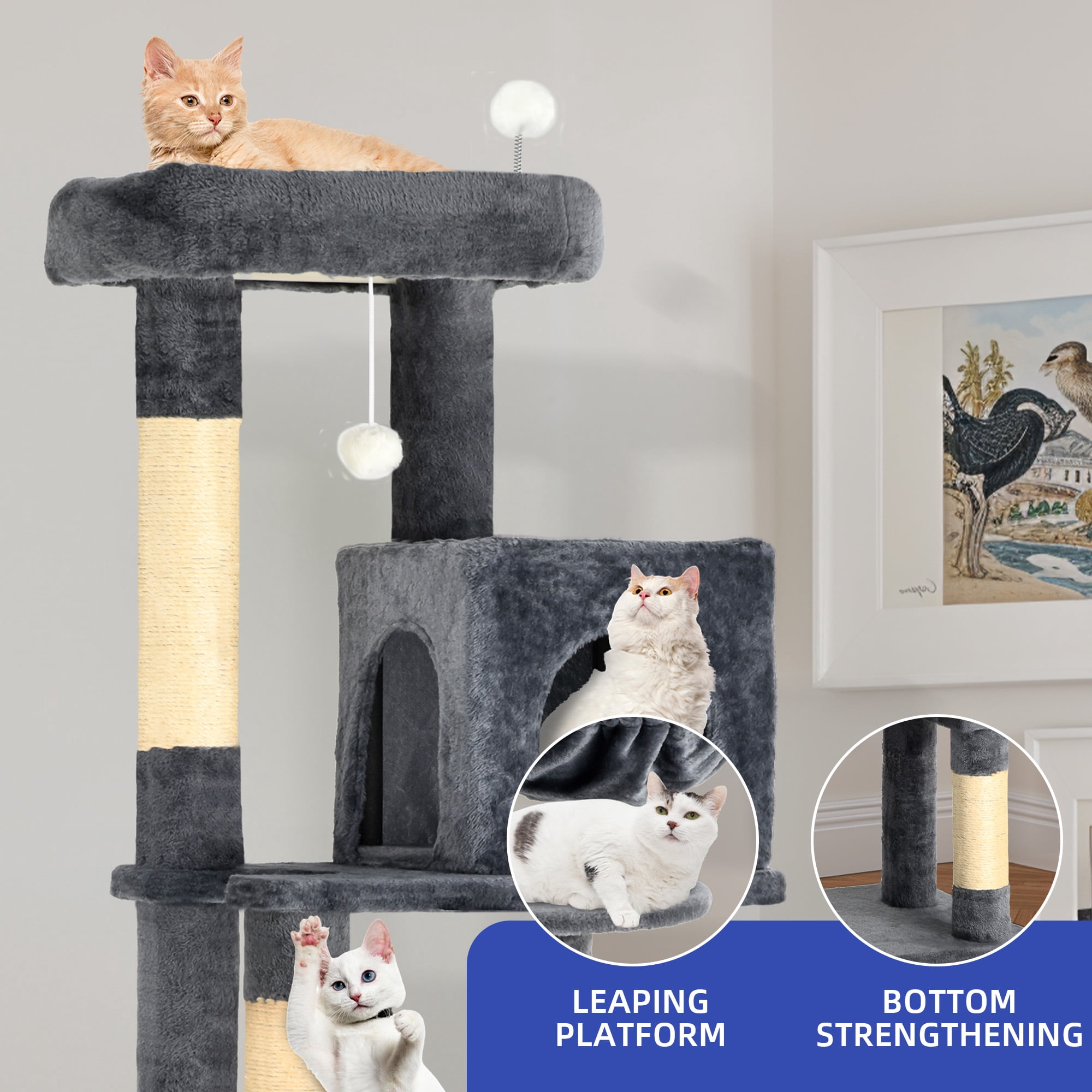 ModFusion Deluxe Multi-Level Cat Tree Tower with Scratching Posts, Hammock, and Condos - 70.8" Tall, Dark Gray