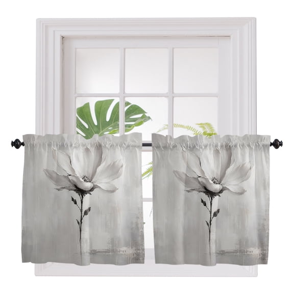 White Floral 2 Panel Kitchen Curtains for Small Windows, Modern Simple Flowers Petals Pastoral Bathroom Tier Curtain, Short Window Treatment for Bedroom/Living Room 55"x36"