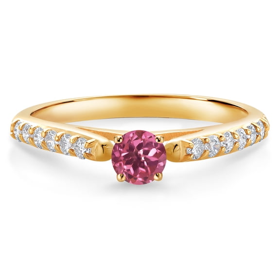 Gem Stone King 10K Yellow Gold Pink Tourmaline and White Lab Grown Diamond Engagement Ring for Women (0.33 Cttw, Gemstone October Birthstone, Round 3.5MM, Size 6)