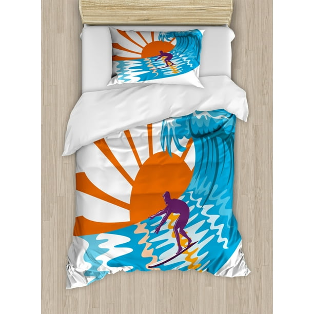 Summer Duvet Cover Set, Beach Theme Hot Vibes Surfing Sport Sea Ocean