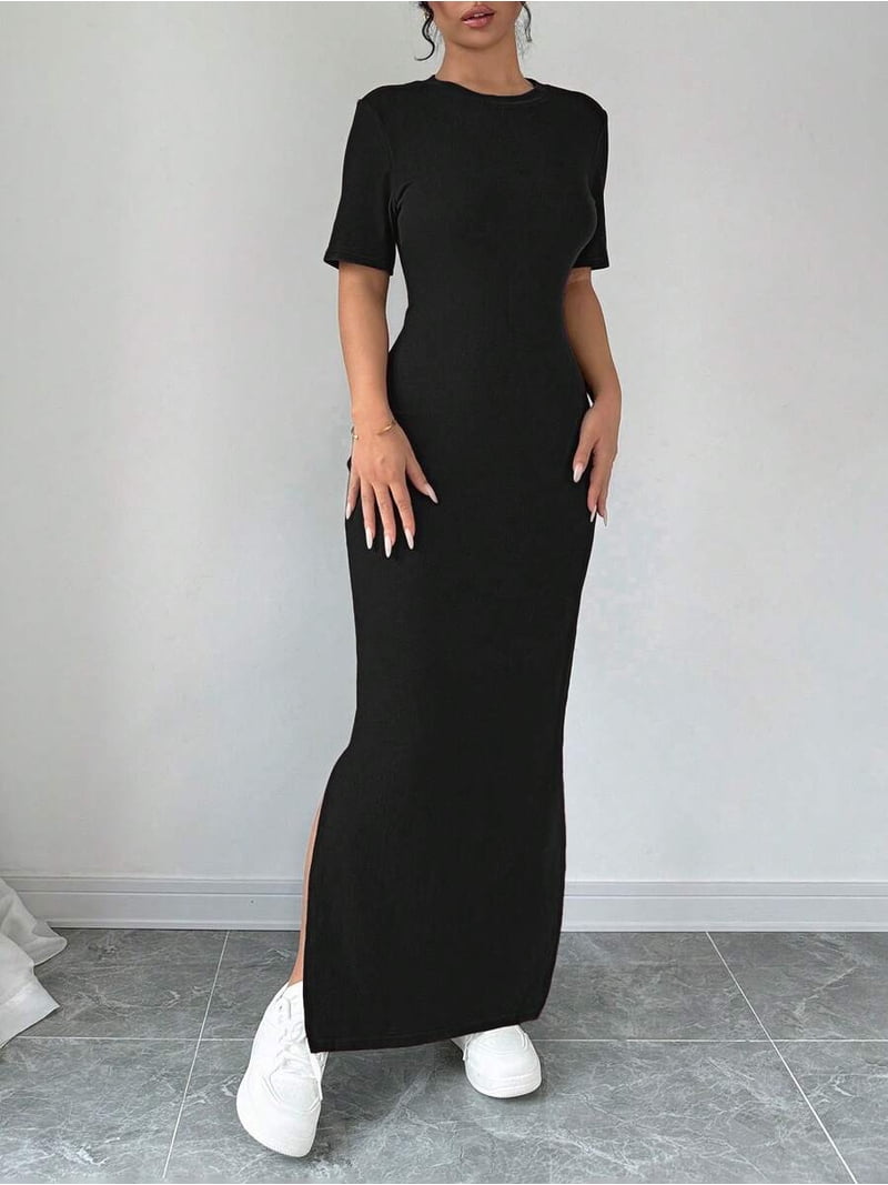 black bodycon maxi dress with slit /// Black Short Sleeve Bodycon Maxi Dress With Side Slit Elegant Long Dress For Women, Women's, Size: XS