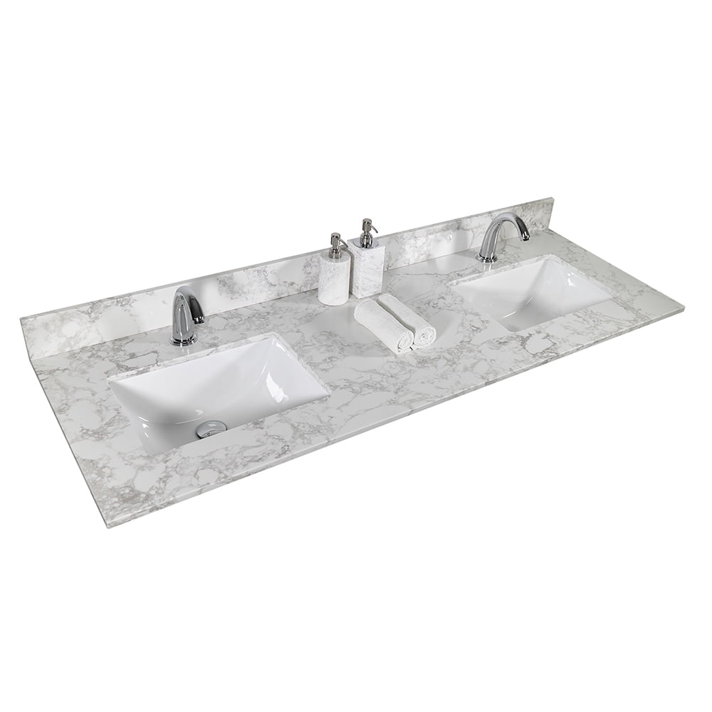 Lowestbest 61"x22" Marble Vanity Top with Under Mount Rectangle Bowl, Double Faucet Hole, White Lowestbest 61"x22" Marble Vanity Top with Under Mount Rectangle Bowl, Double Faucet Hole, White