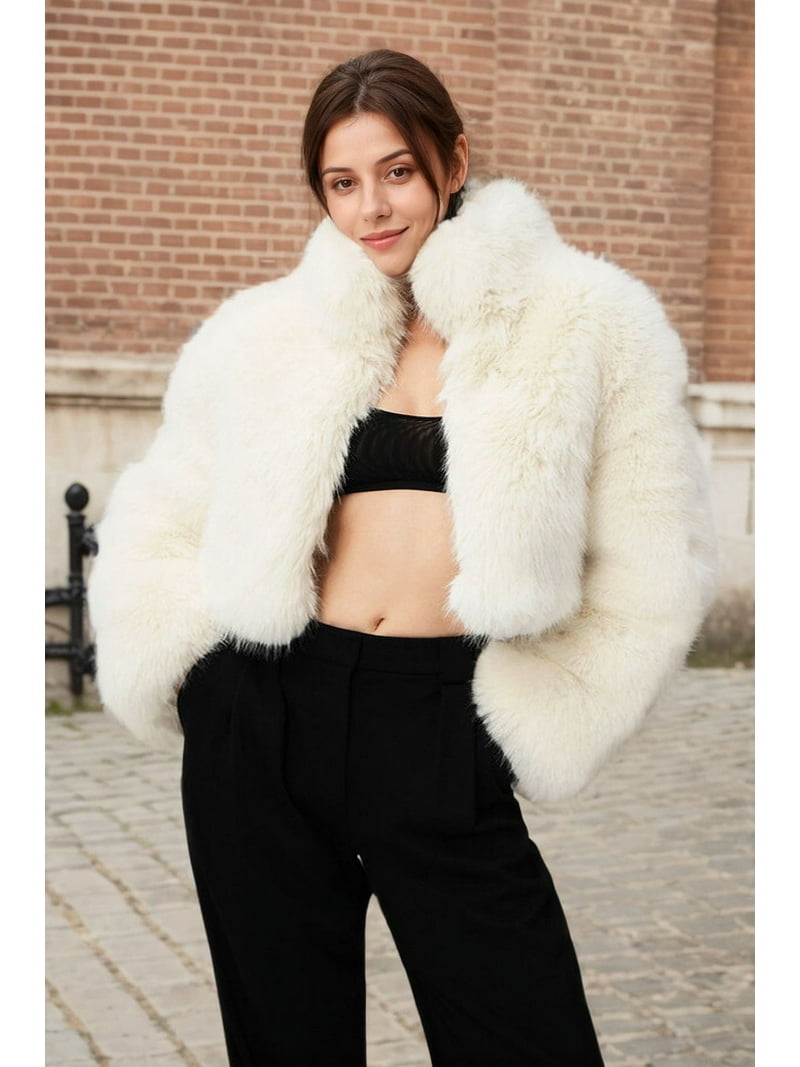 DJBM Women Stand Collar Faux Fur Short Coat Vogue Cozy Long Sleeve Jacket for  Wedding Banquets White 4XL - Walmart.com, image size:800x1067