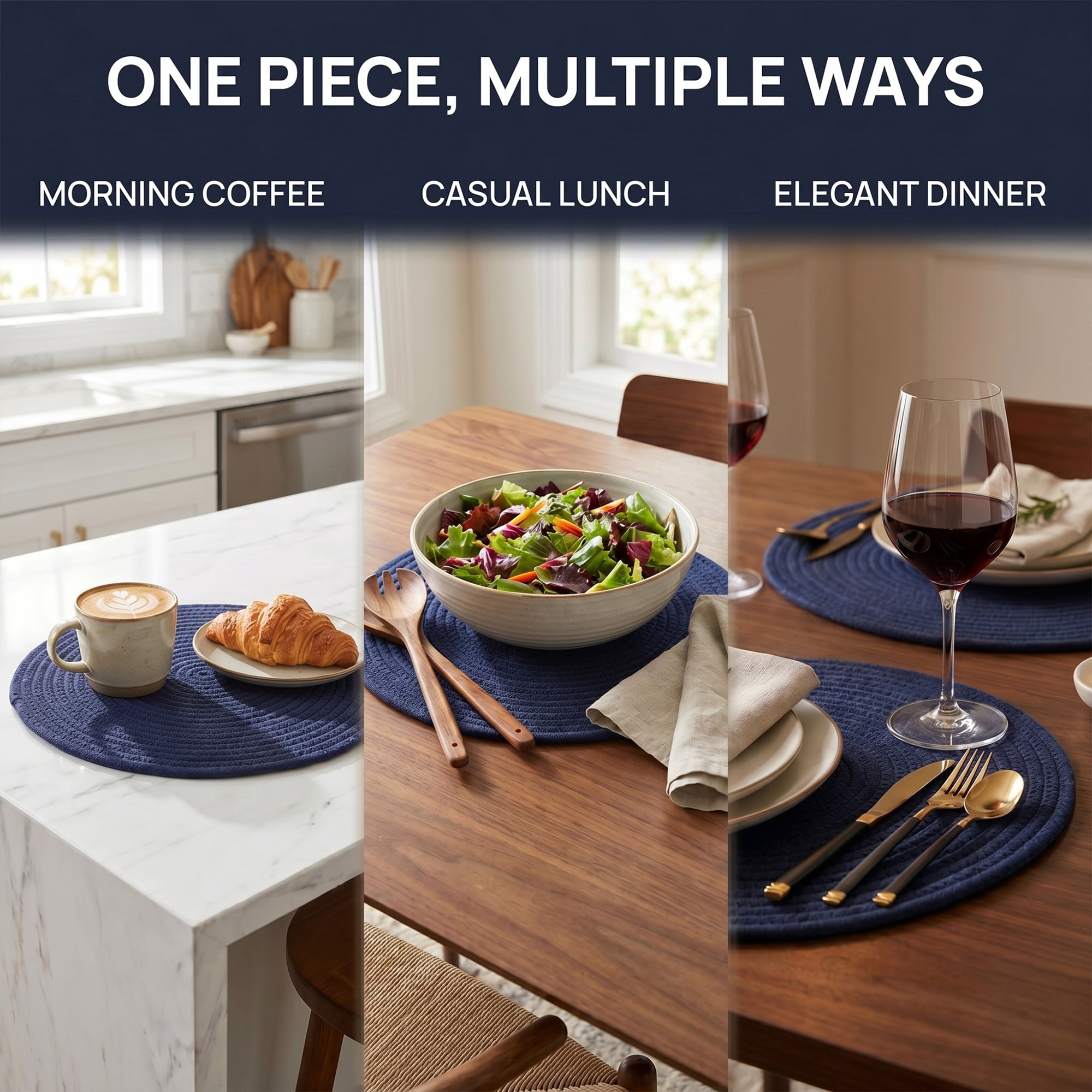 Unique Bargains Placemats Set of 4 Cotton Round Placemats for Dining Table Navy Blue