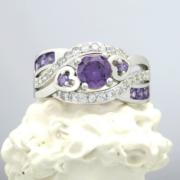 Staron Zircon Filled Twisted Ring S925, Wide Face Women Jewelry Size 6-10, Purple Gemstone Band for Wedding Anniversary