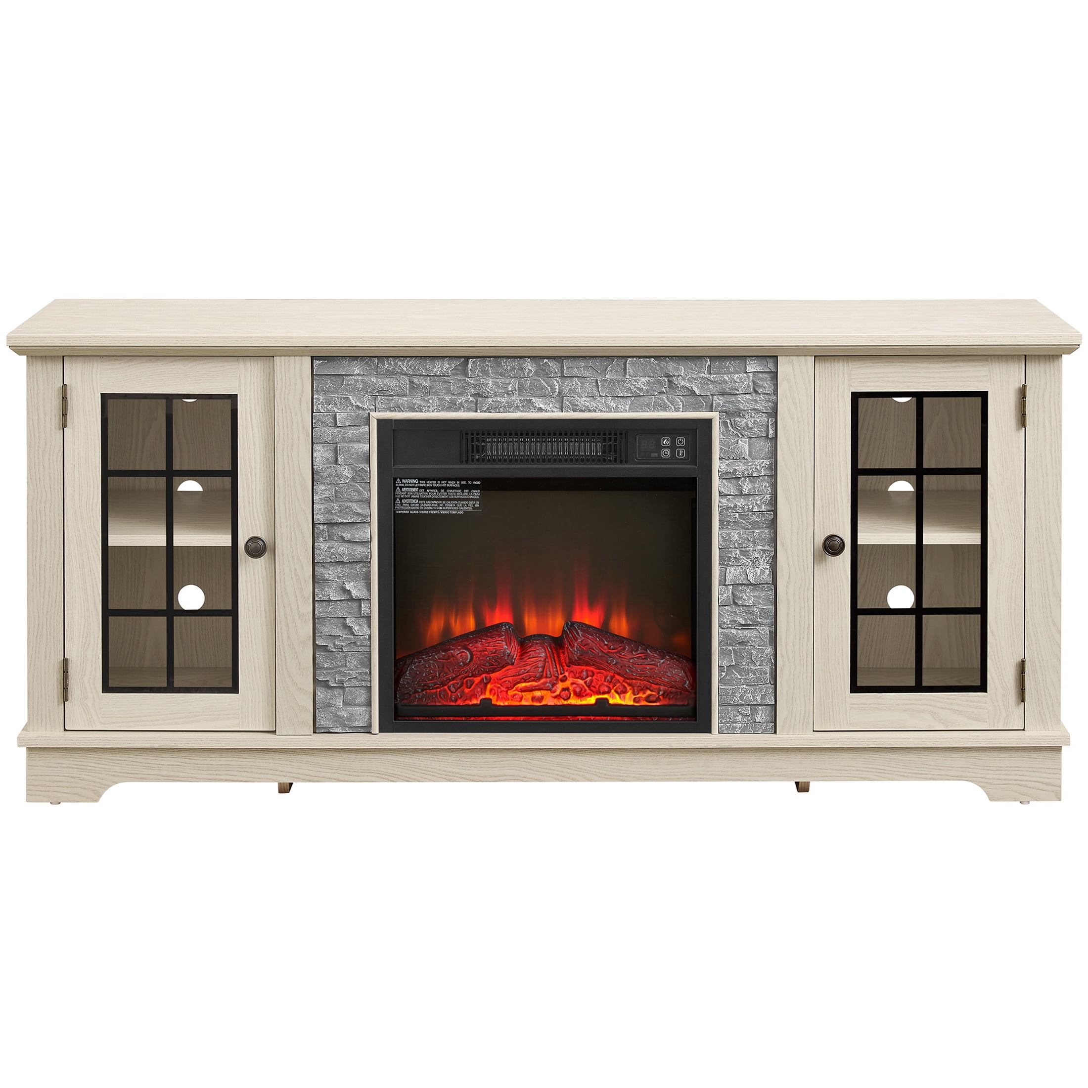 Electric Fireplace TV Stand for 65″ TVs, UHOMEPRO Fireplace Entertainment Center TV Console Table with 18″ Fireplace, 2-Door Storage Cabinets, Holds up to 200 lbs, White