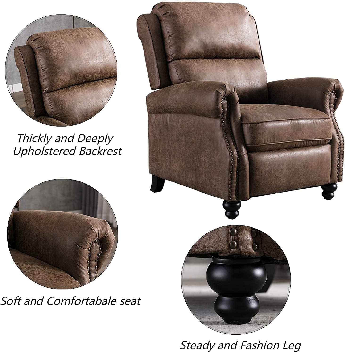 Bonzy Home Pushback Recliner Chair Leather Armchair Push Back Recliner with Nail Head Single Sofa Accent Chair for Living Room, Brown