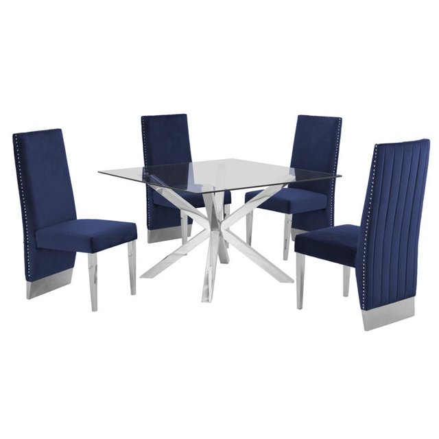 47" x 47" Clear Glass 5pc Dining Set with Silver Stainless Steel