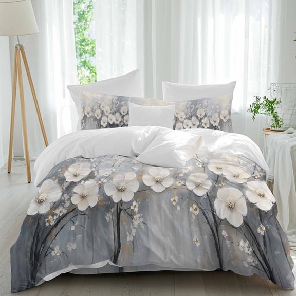 White Camellia 4 piece Duvet Cover Set, Comfort Bedding Set Queen Size Include a Duvet Cover, a Bed Sheet, 2 Pillowcase with Zipper for All Season