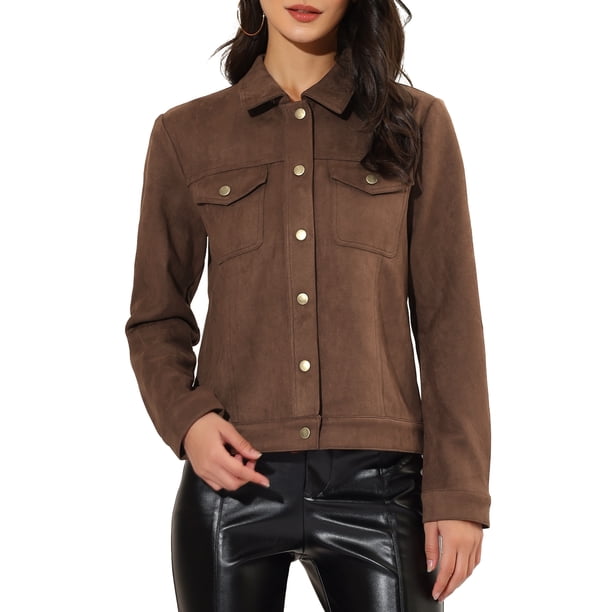 Chaqueta de ante sintético con cuello de solapa y bolsillos con solapa de INSPIRE CHIC para mujer, color café