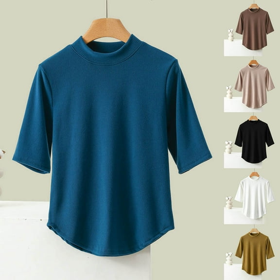 Fanxing Womens Mock Neck Shirts Short Sleeve T Shirts Elbow Length Sleeve Summer Tops Loose Fit Solid Color Tees Curved Hem Tshirts Black,XXXL