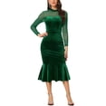 thumbnail image 2 of INSPIRE CHIC Women's Dress Elegant Velvet Sheer Mesh Mock Neck Midi Cocktail Dresses XS Green, 2 of 6