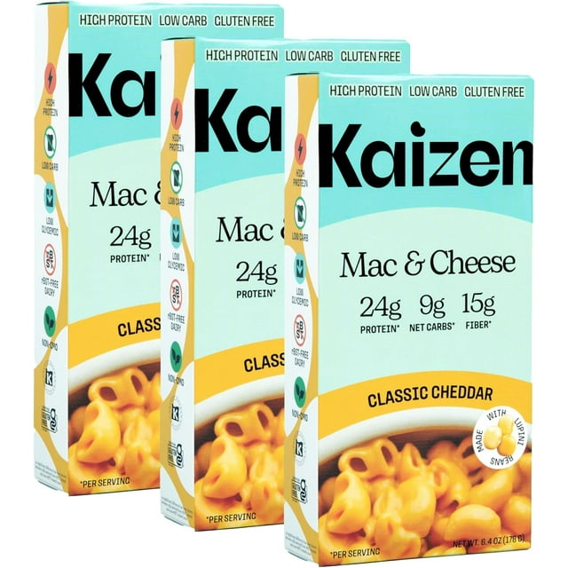 Kaizen High Protein Cheddar Mac & Cheese - Low Carb, Keto Friendly, High Fiber, Gluten-Free, Plant-Based, Non-GMO - 6.4 Ounces (Pack of 3)