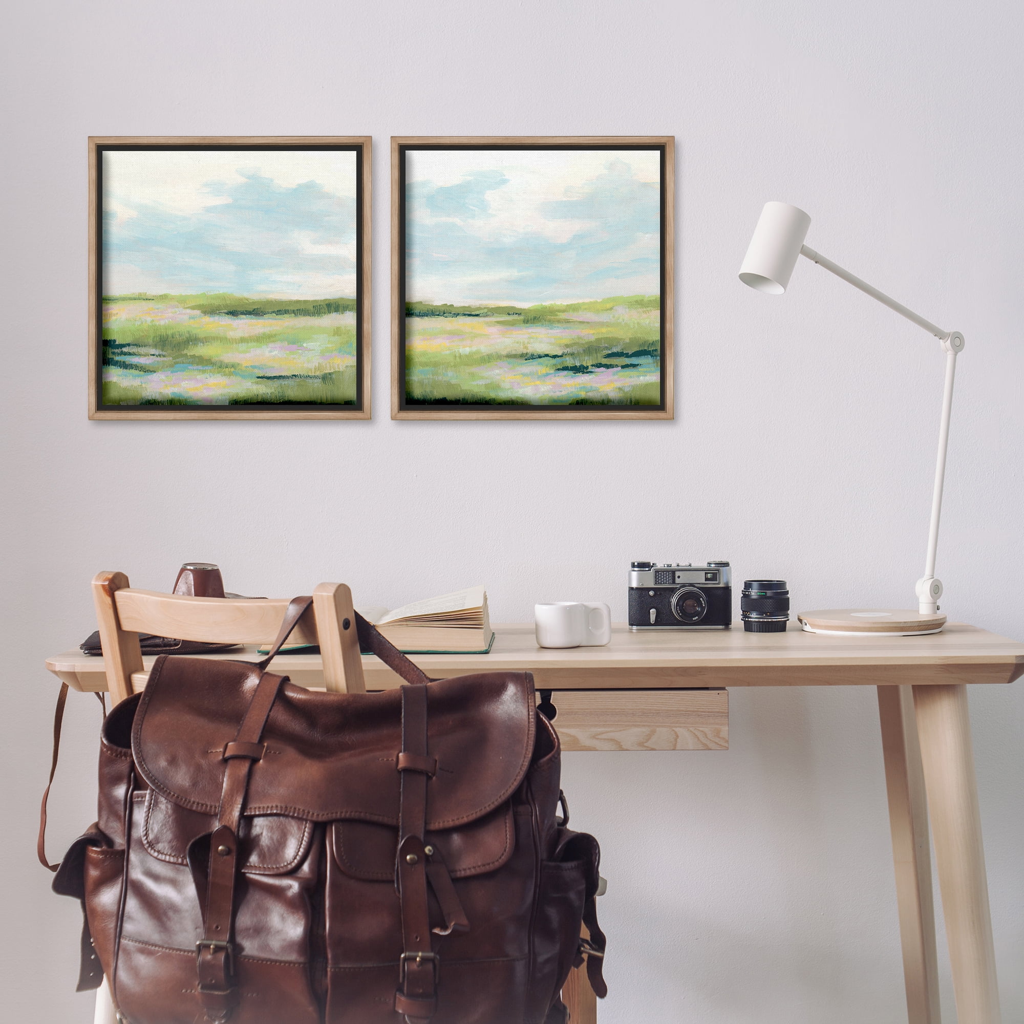 Stupell Industries Pastel Meadow under Blue Sky Landscape & Nature Painting Brown Floater Framed Canvas Art Print Wall Art, 18 x 18, Set of 2