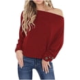 thumbnail image 2 of Women's One-Word Neck Shoulder Button Pullover Off-Shoulder Solid Loose T-shirt Blouse, 2 of 5