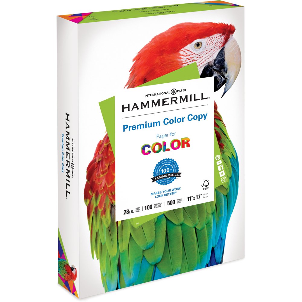 Hammermill Copy Paper, 100 Brightness, 28lb, 11 x 17, Photo White, 500