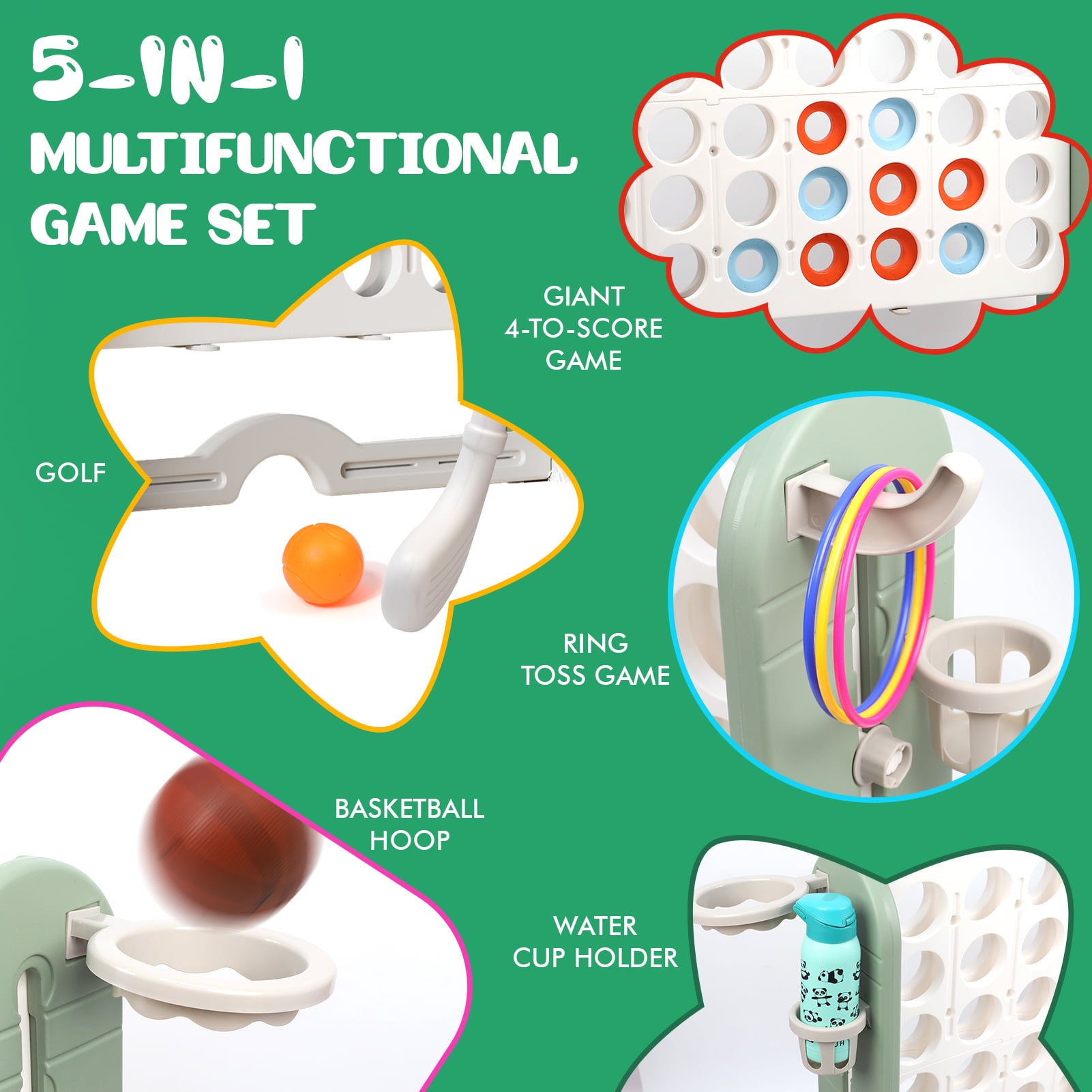 Wdmiya Jumbo 4-to-Score Giant Game Set, 4-in-a-Row Connect Game for Adults Kids Family Fun, Indoor Outdoor Adjustable Height Yard Family Game with w/ Golf Set, Basketball Hoop, Green White