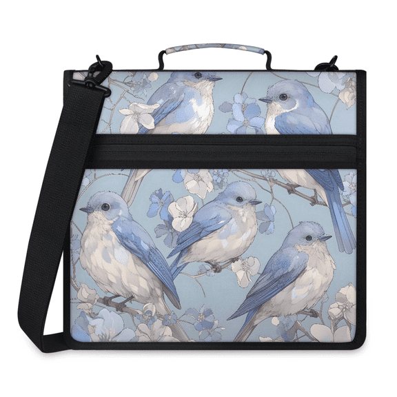 Jiaoprinted Watercolor Blue Birds Zipper Binder, Chickadee Birds Floral 3 D-Ring Binder, Multi-Pocket Expanding Organizer Bag with Handle and Shoulder Strap for Travel Work