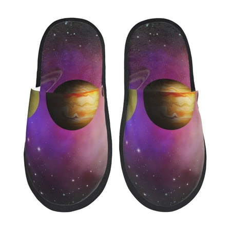 Balery Planets And Stars Slient Indoor Furry Fleece Comfort House Shoes Soft Non-Slip Home Shoes Cotton slippers House Slippers-- Large