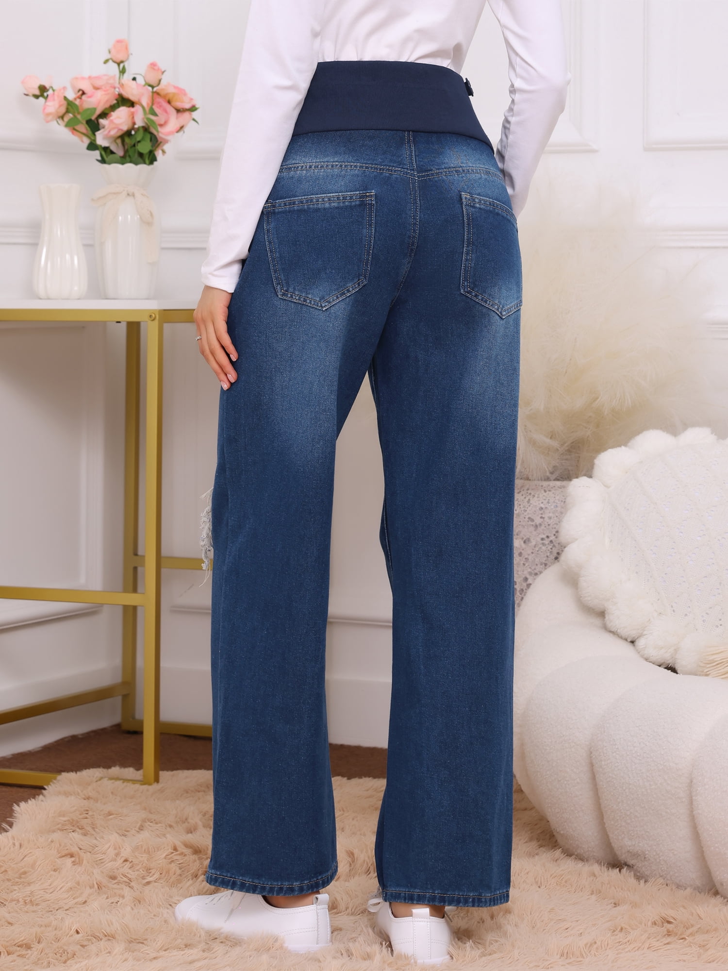 DARING DIVA Women's Maternity Over-the-Belly Ripped Distressed Jeans M Dark Blue