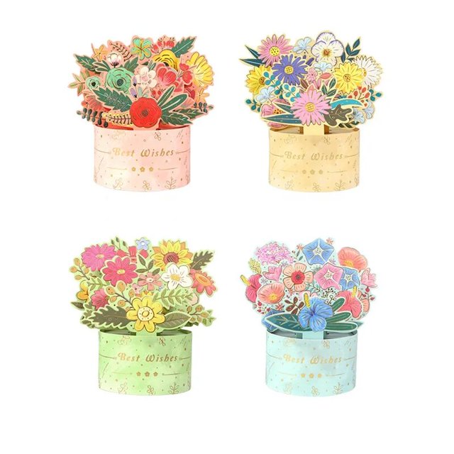 Cesta de flores hecha a mano, 4 piezas, 3D, Pop-UP, tarjeta de papel, decoración, deseos, gracias, bebé, boda, fiesta de cumpleaños, regalo