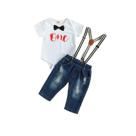 

Baby Boy 1st Birthday Outfit One Year Old Clothes Bowtie Romper Suspenders Ripped Denim Pants Set