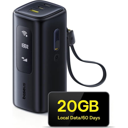 Baseus 4G LTE Mobile Hotspot & 20000mAh 67W Power Bank 2-in-1, Portable WiFi for Travel in 150+ Countries, No SIM Card, No Contract, 10 Devices, Worldwide Hotspot Router