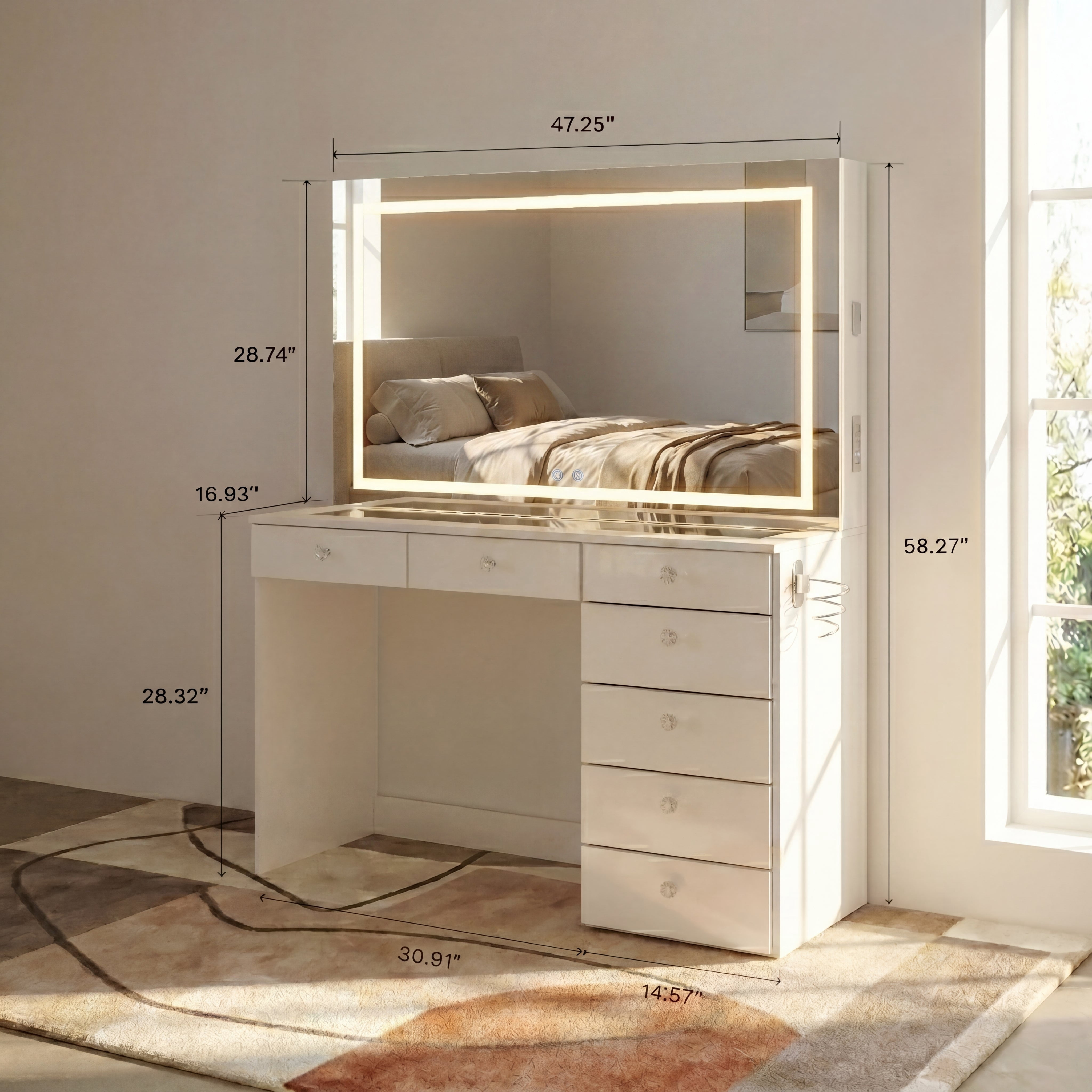 Boahaus Lyra Vanity Desk with LED Mirror and Built-In Speakers – Compact Makeup Vanity Table with Storage and Power Outlet