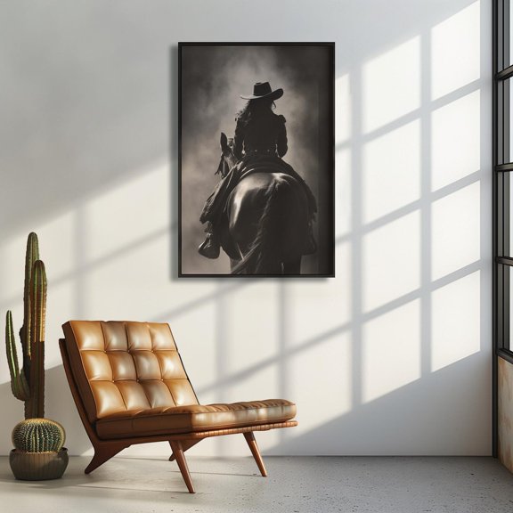 Cowgirl on Horse Print: Western Silhouette, Rustic Home Decor, 12x18 UNFRAMED