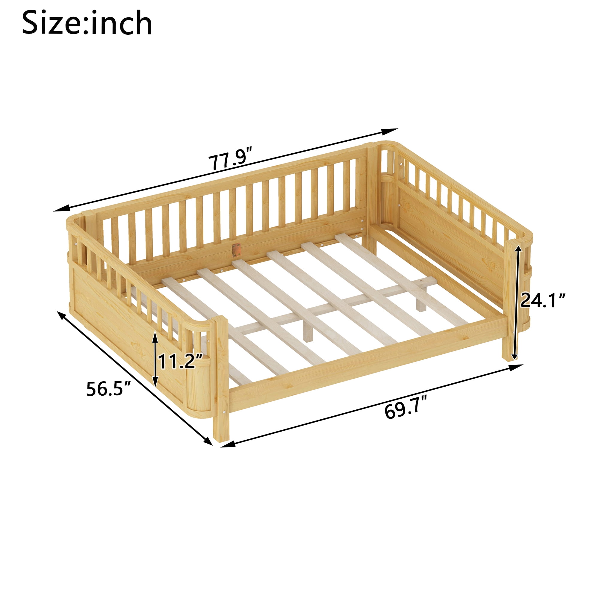Mirightone Full Size Montessori Bed with Guardrails, Wooden Low Profile Bed Frame with Slat Support, Modern Bed with Removable Side Rails, Natural