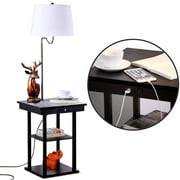 Brightech Madison - Narrow Nightstand with Built in Lamp, USB Port & Shelves for Bedrooms - Mid Century Modern End Table & Attached Floor Lamp for Living Rooms - Side Table & Reading Light