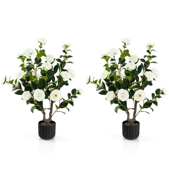Gymax 2-Pack 38'' Artificial Camellia Tree Faux Floral Plant for Decoration White