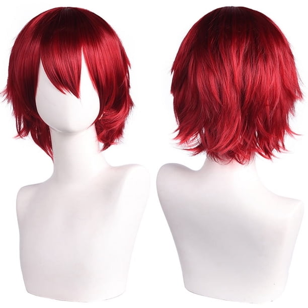 Zhuge Peluca de pelo corto unisex de anime, peluca de anime para cosplay, pelucas sintéticas resistentes al calor para fiesta de disfraces con flequillo, color rojo oscuro