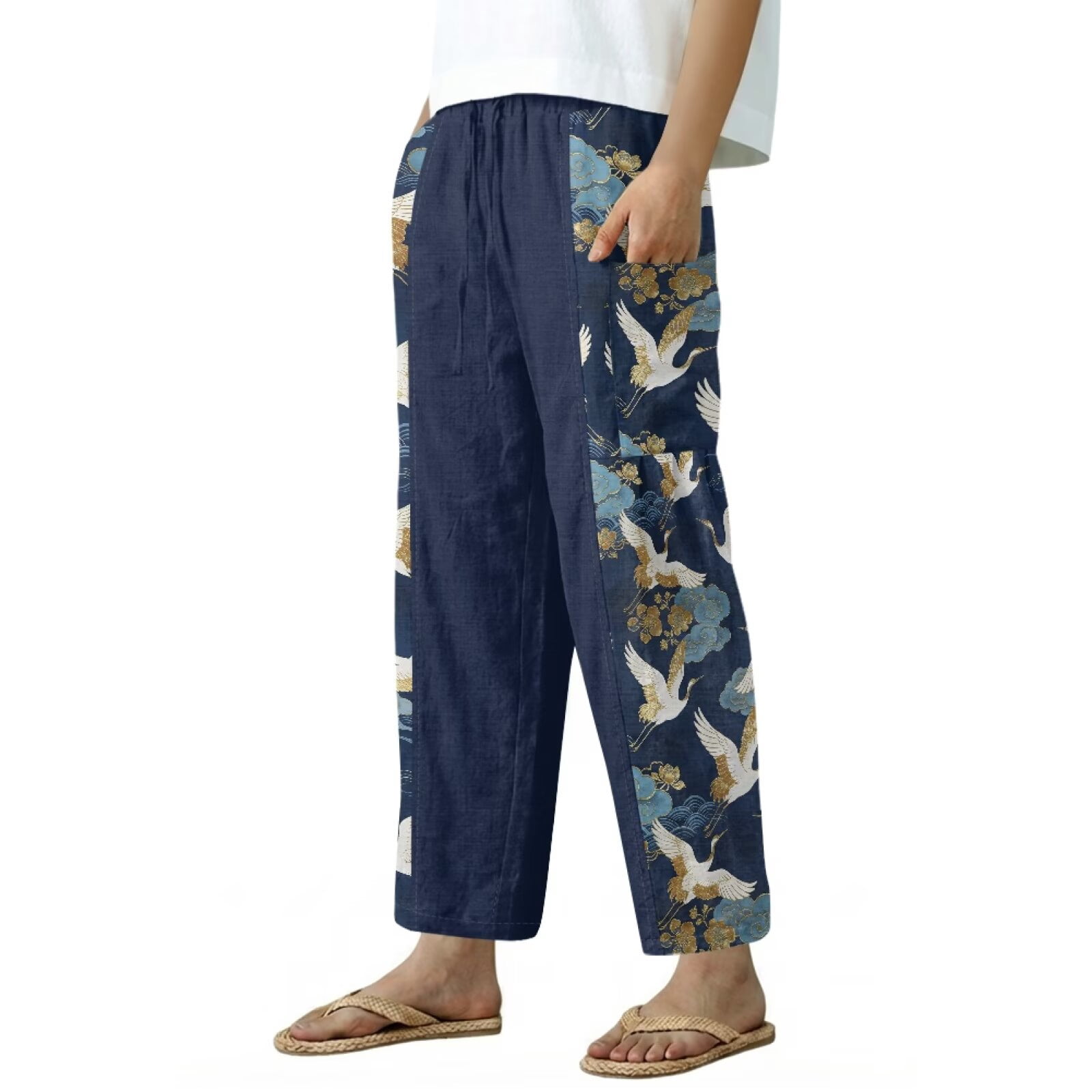 Yuyamidu Womens Linen Pants Beach Size 2XL Flowy Petite Palazzo Pants Wide Leg Lightweight Vacation Trousers Chinese Print Outfits, Chinese Bird Crane