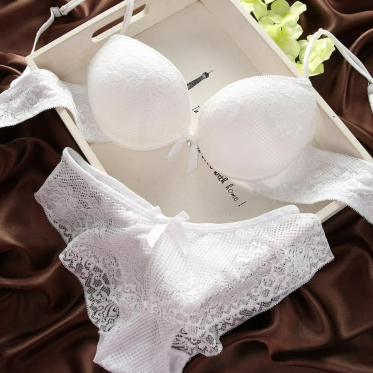 Wuffmeow Sexy Women Lace Bra Set Cotton Embroidery Underwear Push Up Bra  and Briefs,White,32B 