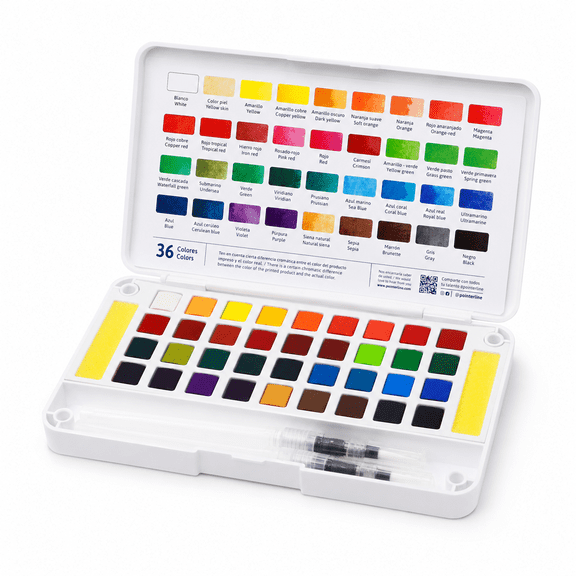 Pointer Watercolor Paint Set: 36 Vibrant Solid Colors with 2 Water Brush Pens & Travel Case