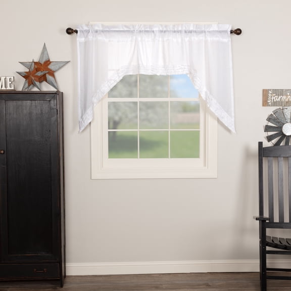 VHC Brands Farmhouse Swag Pair White Rod Pocket Ruffling Kitchen Window Curtains