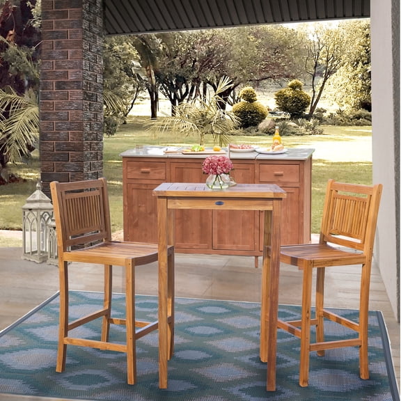 3 Piece Teak Wood Maldives Small Outdoor Patio Bistro Bar Set with 27" Square Bar Table & 2 Armless Bar Chairs