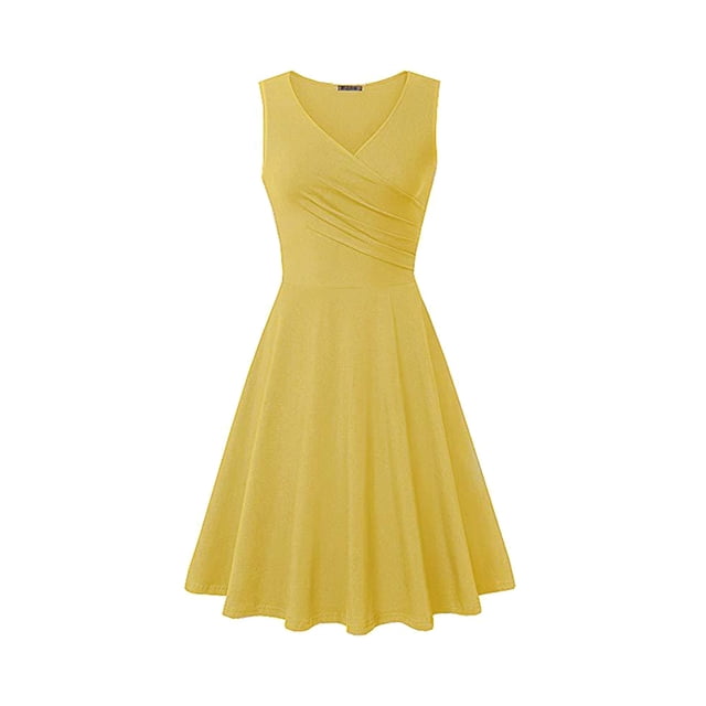 WTXUE Robes Chemises, Robes Chemises Sans Manches pour Fête de Thé Col en V, Robe Décontractée pour Femmes Robe T-Shirt Ajustée Robe Évasée Robe Unie Froncée Robe Mi-Longue Unie pour Femmes, Jaune Taille TG
