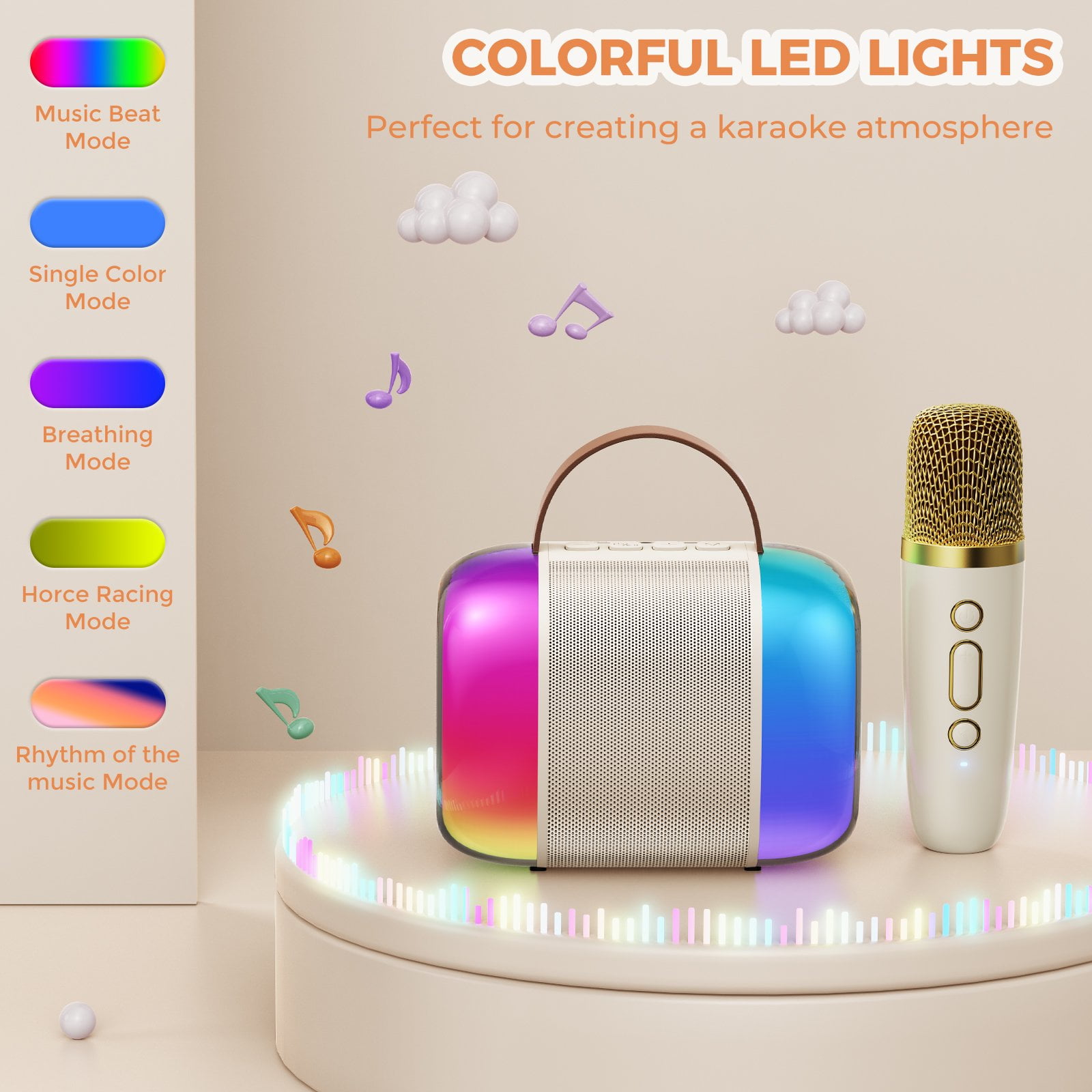FanFun Karaoke Machine with Colorful LED Lights for Adults Kids, Bluetooth 5.3 Portable Karaoke Speaker with Wireless Mic for Party, Ideal Gifts for Girls/ Boys, D33 (Beige-1MIC)