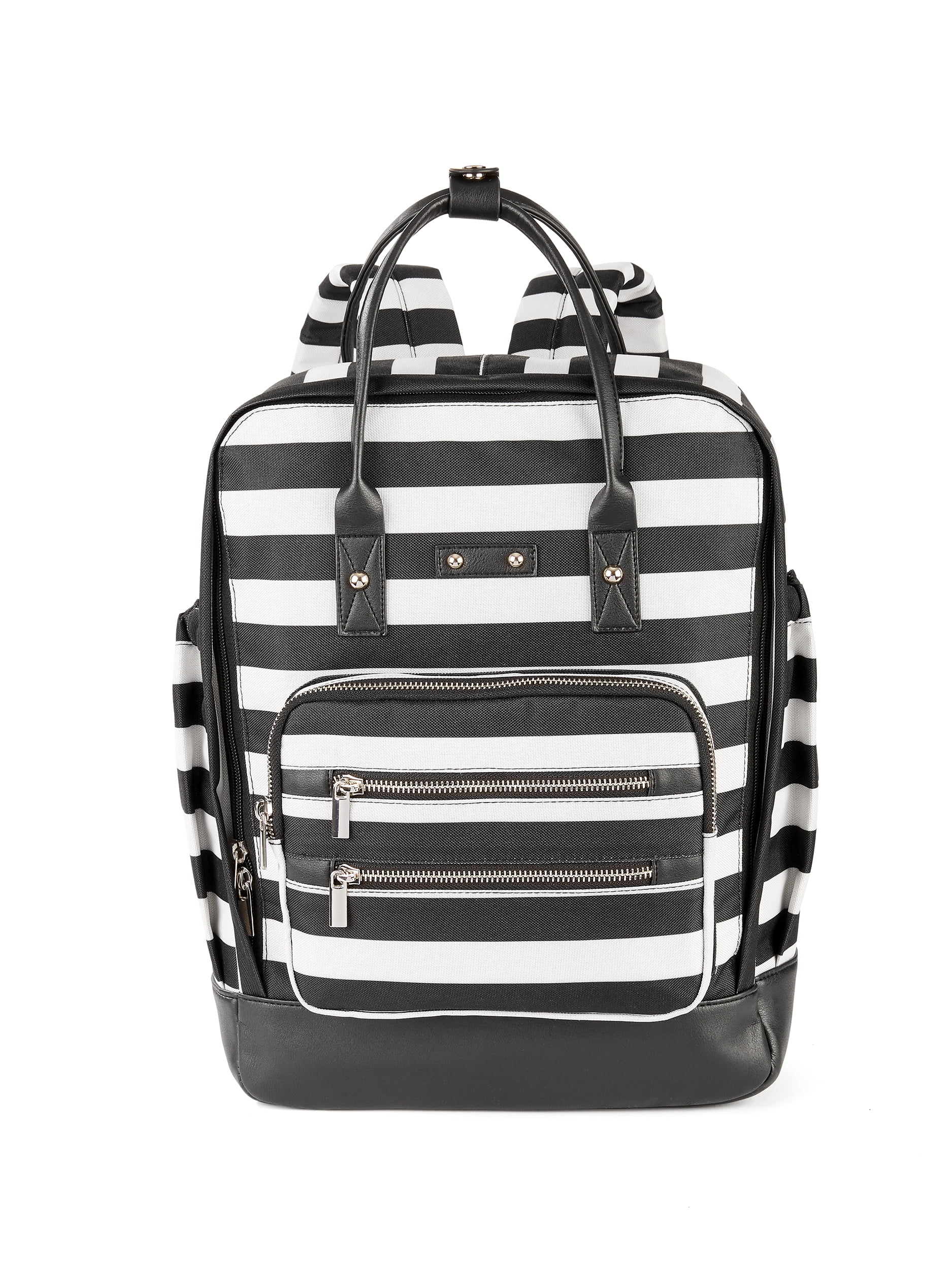 black and white striped backpack