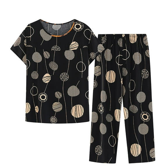 Tbopshirt Pajamas for Women,Women's Summer Two Piece Set Short Sleeve Round Neck Pajama Set Printed Tops Pants Set,Womens Pajama Sets