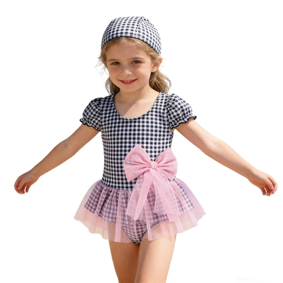 Toddler Girls Swim Suits One-Piece Cute Plaid Design Athletic For Kids Summer Bathing Suit Size 3-4T
