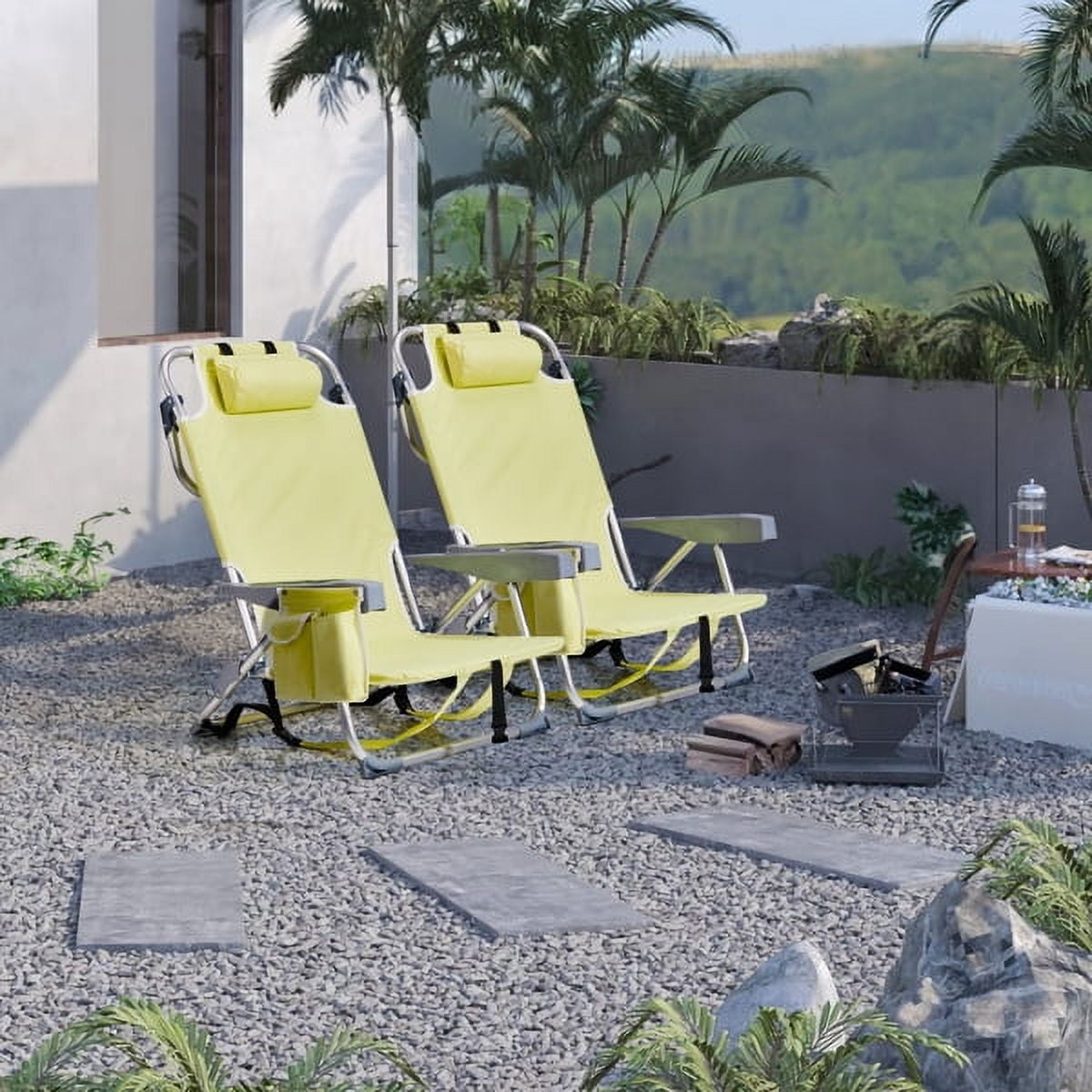 63*65*82cm Short Oxford Cloth Silver White Aluminum Tube Bearing 100kg Beach Chair with Cup Holder Storage Pouches Yellow